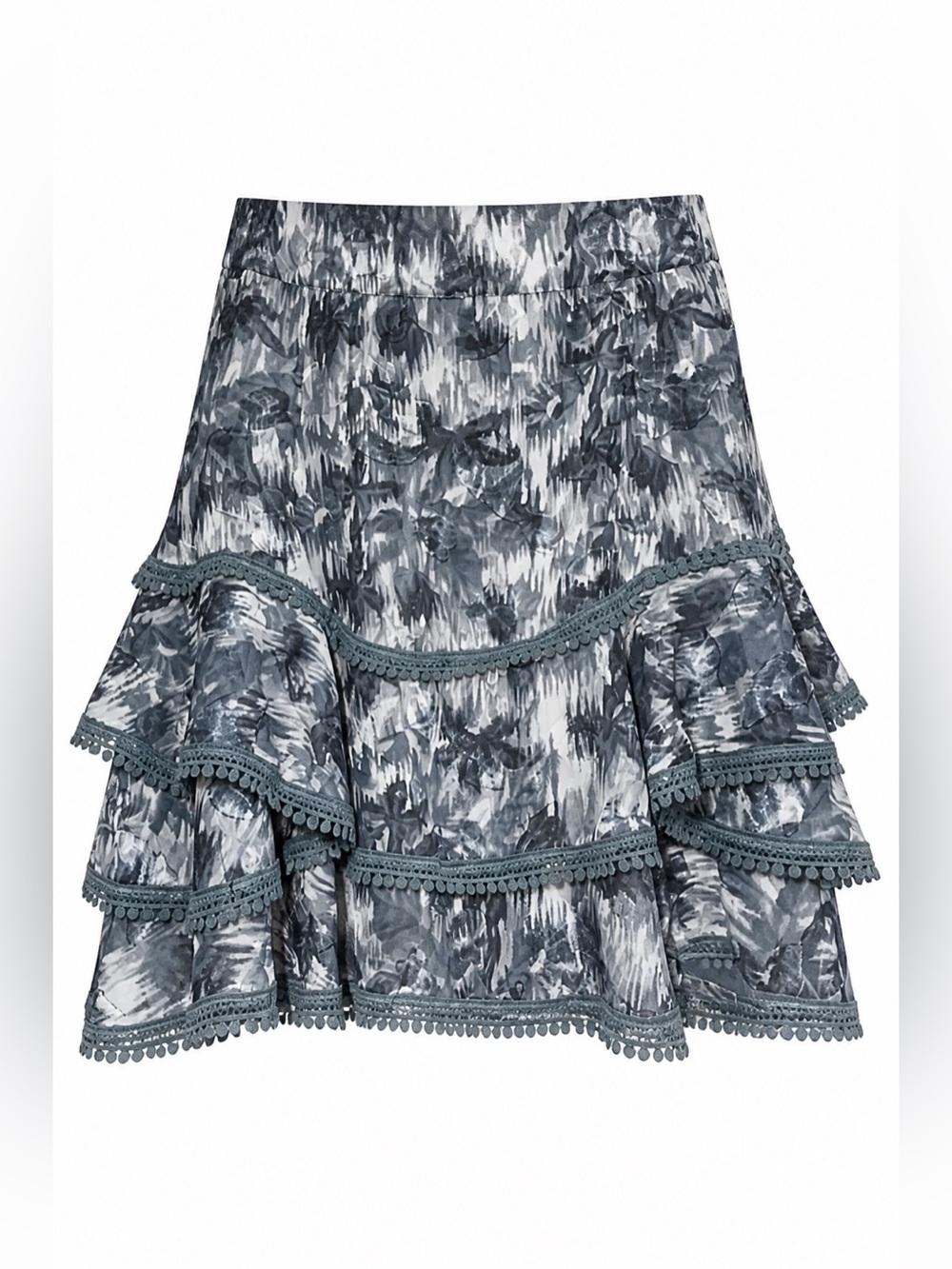 Allison- Brushstroke Print Mini Skirt with Lace Trim - Blue. Sz M